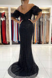 Black Off the Shoulder Mermaid Sequined Slit Formal Evening Dresses Long Prom Dresses