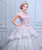 Scoop Ball Gown Gray Tulle Sleeveless Bowknot Empire Waist Wedding Dress with Pink Flowers