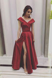 Red Satin A Line Sleeveless Split Long Prom Dresses