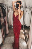 Burgundy Sequins Mermaid Long V Neck Backless Prom Dresses, Formal STK20393