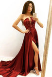 Elegant A line Strapless V Neck Burgundy Beads Prom Dresses with Slit, Party STK20412