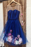 Unique Long Sleeve Blue Short Prom Dresses With 3D Appliques, Homecoming Dress STK15604