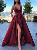 Simple A Line Spaghetti Straps V Neck Satin Prom Dresses with Slit, Formal STK20470