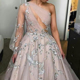 Long Sleeve One Shoulder Sparkly Prom Dress Long Evening Dress, Long Prom Dresses STK15245