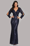 Long Split Sleeve Mermaid V Neck Dark Navy Blue Sequins Prom Dresses, Formal Dress STK15256