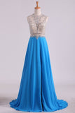 2024 Scoop A Line Prom Dresses Beaded Bodice Chiffon & Tulle PKLD84C8