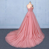 Ball Gown V Neck Tulle Prom Dress with Beads, Puffy Pink Sleeveless Quinceanera Dresses STK15074