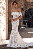 Elegant Off the Shoulder Ivory Lace Mermaid Beach Wedding Dress, Cheap Bridal Dress STK15188