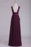 2024 Floor Length V Neck A Line Chiffon With Slit Prom PBXCQA9J