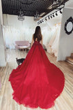 Burgundy Ball Gown V neck Spaghetti Straps Tulle Prom Dresses with Appliques STK15083