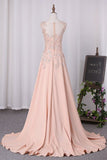 2024 A Line Elastic Satin Straps Prom Dresses With Slit PJKRC7F3