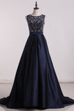 2024 Satin Scoop With Beads Prom Dresses A Line Sweep Train