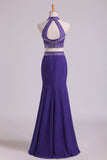 2024 Prom Dresses Halter Two-Piece Beaded Bodice Mermaid Open Back Spandex & Tulle Floor P3PXEPXJ