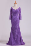 2024 Purple Mother Of The Bride Dresses V Neck 3/4 Length Sleeve Mermaid Lace PAG916GG