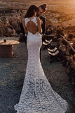 Charming Sheath Lace Bridal Gown with Slit Open Back Ivory Boho Wedding Dresses STK15124