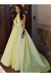 Daffodil Satin Sleeveless Criss-Cross Neckline Prom Dress With Sweep STKPKEZK54J