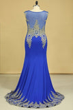 2024 Dark Royal Blue Prom Dresses Scoop Mermaid With Applique Spandex Sweep Train Size P9KFC3F1