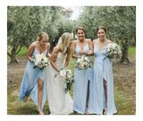 Simple Spaghetti Straps V Neck Sleeveless Bridesmaid Dresses with Split Side