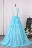 2024 A Line Prom Dresses Tulle Bateau With Applique And Handmade Flower PREQGFKJ