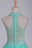 2024 Mint Ball Gown High Neck Beaded Bodice Prom Dresses Tulle Floor PN7RDZ67