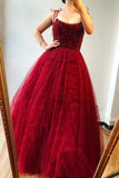 A-Line Burgundy Tulle Beaded Spaghetti Straps Scoop Long Prom STK20390