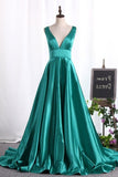 2024 V Neck Evening Dresses A Line Satin Sweep Train P2Y81L9Q