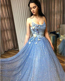 A-line Blue Spaghetti Straps Sweetheart Long Prom Dresses, Evening Dresses STK15048