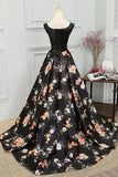 Chic A-Line Scoop Satin Black Lace up Sleeveless Long Flowers Prom Dresses