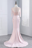 Pink Sheath Sweep Train Sheer Neck 3/4 Sleeve Sheer Back Appliques Prom Dresses