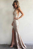 Sheath Brush Train Deep V Neck Sleeveless Backless Sparkle Prom Dresses