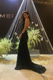 Sparkle Golden Sheath Sweep Train Deep V Neck Sleeveless Backless Sequin Long Prom Dresses