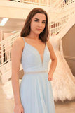 Gorgeous Straps Light Sky Blue Chiffon V-Neck Backless Sleeveless A Line Long Prom Dress