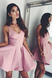 Cute Sleeveless Simple V Neck Satin Short Homecoming Dresses