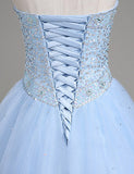 Light Blue Ball Gown Floor Length Sweetheart Strapless Sleevless Beading Prom Dresses