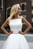 A-Line Sleeveless Long Ivory Pleated Prom Dress Backless Bateau Satin Wedding Dresses