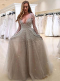 Sparkly Long Sleeves Tulle V Neck Prom Dresses with Sequins