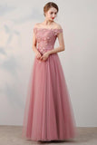 Chic A-Line Off-the-Shoulder Pink Appliques Lace-up Tulle Modest Long Prom Dresses