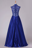 2024 High Neck Prom Dresses Satin With Beading Floor Length Dark Royal PKKA733B