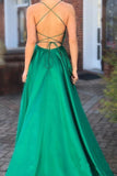 Elegant A Line Green Lace up Prom Dresses with Pockets Slit Formal Evening STK20406