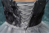 Elegant High Low Strapless Sweetheart Feathers Tulle Gray Prom Dresses with Lace STK20415