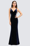 V-Neck Spaghetti Straps Velvet Dark Navy Blue Mermaid Evening Dress, Prom Dresses STK15480