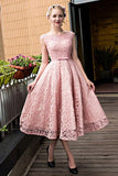 2024 Bateau A-Line Lace Prom Dresses Tea Length With Applique P9BM3T4D