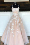 Princess Spaghetti Straps A Line Appliques Tulle Lace up Pink Prom Dresses STK15305