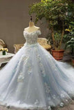 2024 Tiffany Blue Wedding Dresses Tulle Lace Up With Appliques And Handmade PQYL4JYH