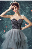 Elegant High Low Strapless Sweetheart Feathers Tulle Gray Prom Dresses with Lace STK20415