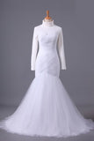 2024 High Neck Mermaid/Trumpet Muslim Wedding Dresses Pleated Bodice With Tulle Skirt Lace PX9QD2H3