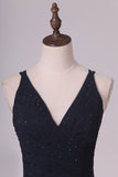 2024 Dark Navy Spaghetti Straps Sheath Chiffon With Beading Evening PYHRLM6C