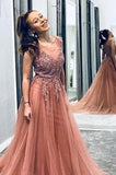 A Line Beaded Long Rosy Brown Tulle Prom Dresses, Round Neck Evening Dresses STK14991