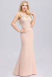 Elegant V-Neck Floral Lace Pink Evening Dress Satin Prom Dresses STK15216