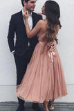 Simple A Line V Neck Tulle Tea Length Short Prom Dresses, Evening STK20444